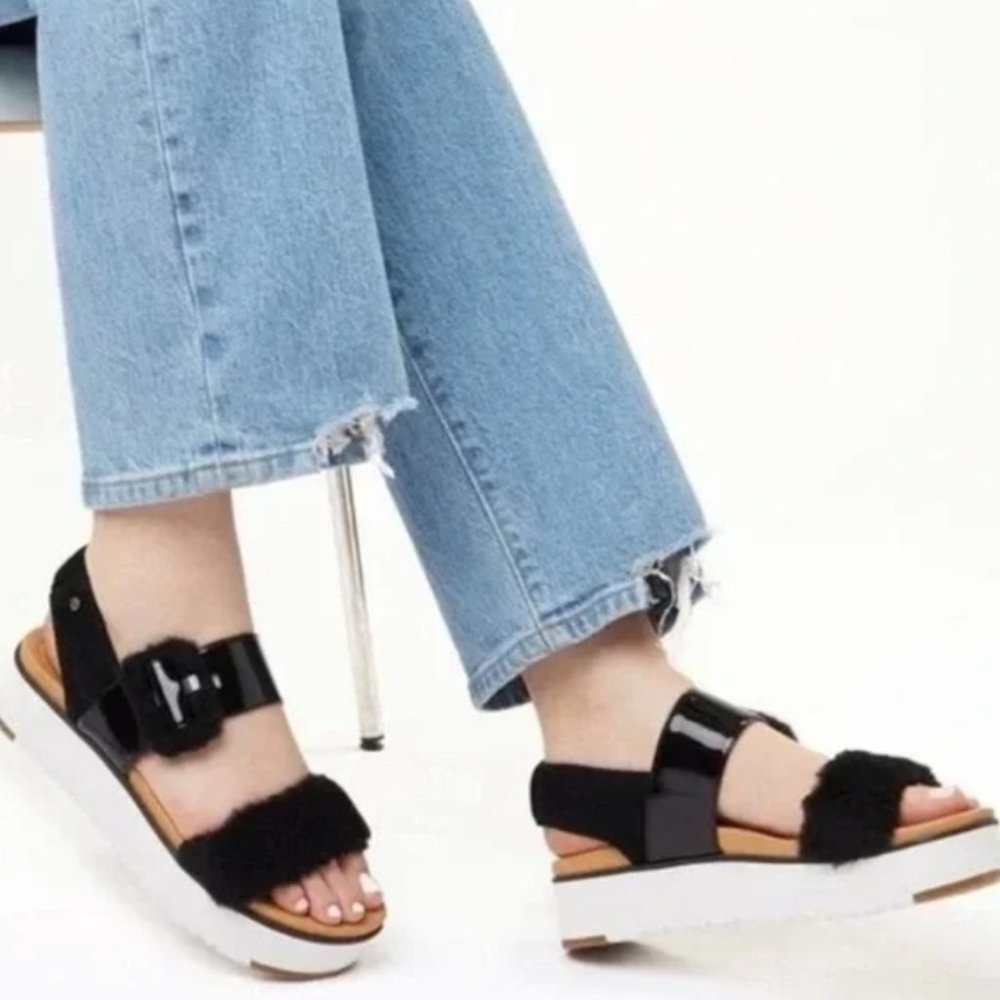 Ugg Le Fluff Black Fur Leather Platform Sandals